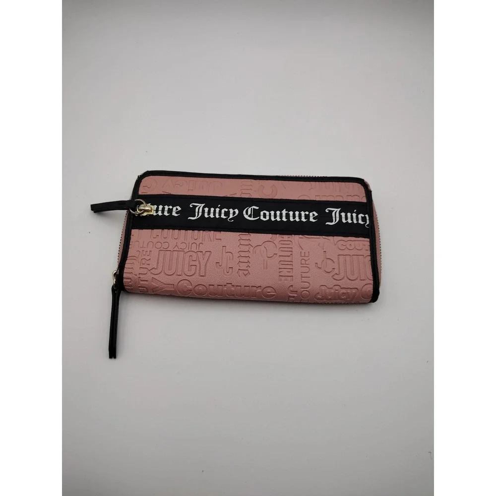Juicy Couture Pink Embossed Logo Zip Around Wallet Black Logo Tape Y2K McBling